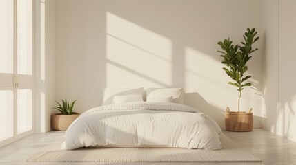 A serene minimalist bedroom with soft natural lighting, featuring a cozy bed, clean white walls, and a small potted plant, promoting relaxation and mindfulness. Copy space available on the wall.