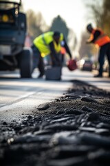 Worker are laying new asphalt road pavement in residential area. 