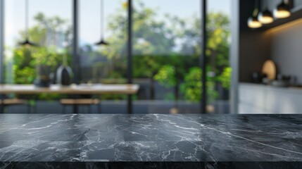 Empty dark marble table, kitchen interior background for product display montage.