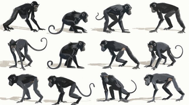 A group of monkeys standing in different poses. Suitable for animal behavior studies or wildlife documentaries