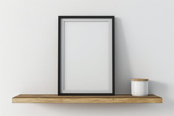 blank white board on the wall, Showcase your artwork or photographs in style with a modern mockup frame elegantly displayed on a kitchen wooden shelf against a pristine white wall background
