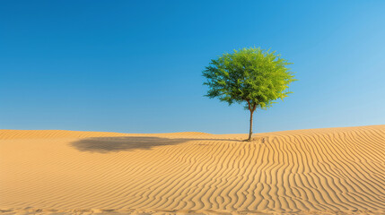 Single Green Tree Standing Resilient in Vast Desert Landscape