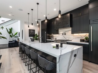 interior design photography of a modern kitchen with black cabinets, a white and grey quartz...