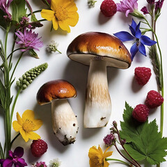 composizione con funghi porcini e fiori di prato colorati su sfondo bianco