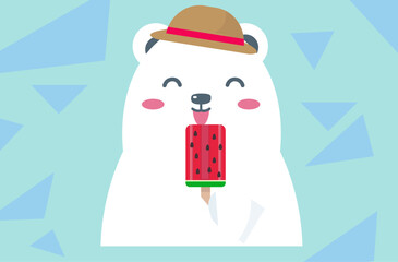スイカアイスを食べるシロクマ。ベクターイラスト