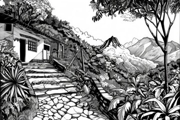 Detailed black and white illustration of a house in the mountains. Suitable for architectural or nature themes