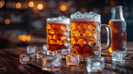 isolated golden-brown color transparent glass alcohol mug with handle, full of beer and foam on a wooden bar table top   
