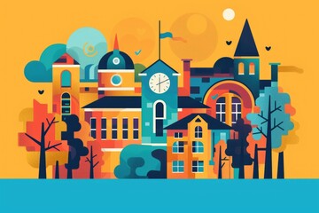 Vibrant illustration of a town featuring a prominent clock tower. Ideal for various design projects