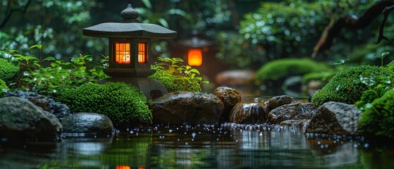 japanese green garden, illuminated stone lantern, pond with koi fishes and trees