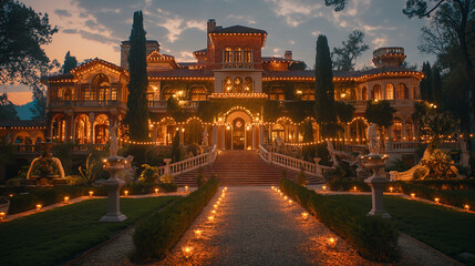A visually elaborate image showcasing a 1920s Gatsby party at a sprawling mansion, with guests strolling through lush gardens illuminated by strings of fairy lights, as they pause