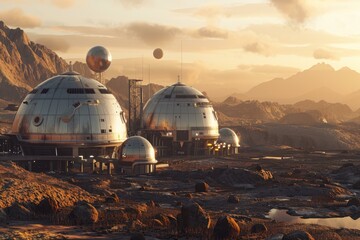 Realistic depiction of a human settlement on mars, bathed in the glow of a setting sun
