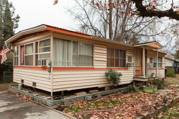 Classic mobile home with retro design, featuring an american flag on a tranquil suburban street