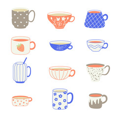 Modern hand drawn tea cups set. Set of colored mugs filling by beverages. Cute trendy crockery with handle for drink. Vector flat illustration isolated on background.