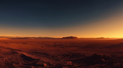 Naklejka premium Sunrise over a vast red desert landscape with a clear starry sky.