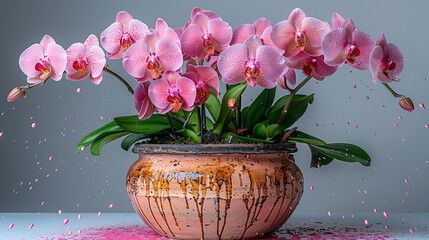 a pot of pink orchids and splashes of molten gold, the splashes turning into spheres