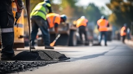 Worker are laying new asphalt road pavement in residential area. 
