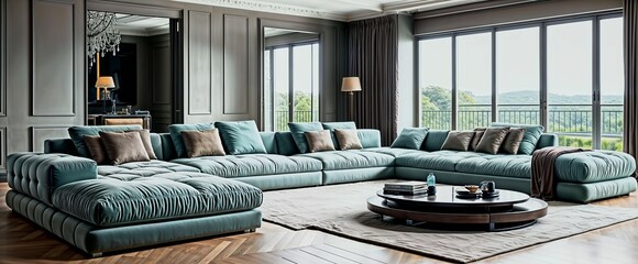 Modern living room interior, perspective photography - Generative AI