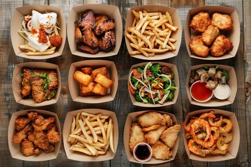 Diverse selection of delicious takeout food boxes on a wooden table perfect for food delivery