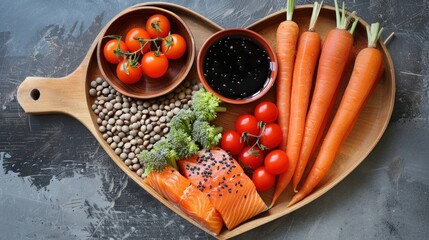 A heart-shaped platter of acai, lentils, soy sauce, ginger, salmon, carrots, and tomatoes...
