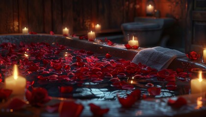Bath filled with rose petals and candles, with a fluffy towel waiting nearby, Relaxation, self-care, luxury