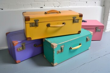 Set of brightly colored retro suitcases stacked against a white brick wall