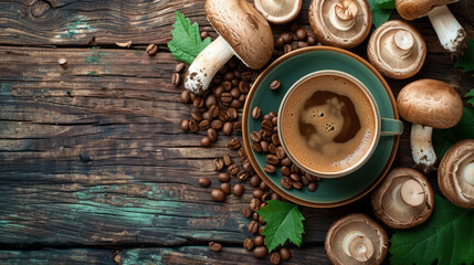 Obraz premium A cup of mushroom coffee on the table, surrounded by mushrooms and coffee beans