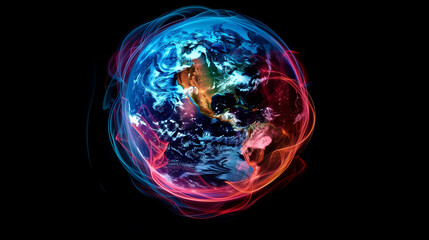 Obraz premium Digital Representation of Earth with Dynamic Data Streams in Space