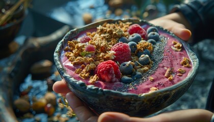 Person enjoying a healthy smoothie bowl topped with fresh fruit and granola, Food, wellness, health