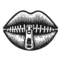mouth with a zip across the lips, silence and censorship metaphorical illustration © Satoru Sketches