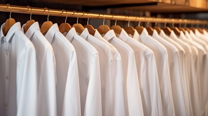 White men shirts hanging on rack in a row.