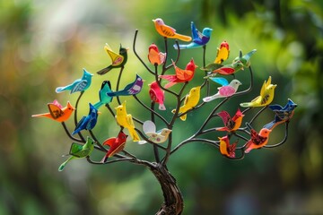 Vibrant handcrafted birds perched on branches of a whimsical metal tree sculpture with a soft bokeh background