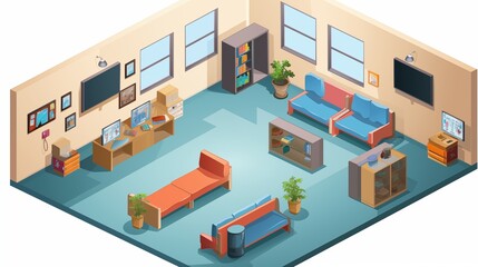 Isometric school vector with TV room designed for educational documentaries and presentations.