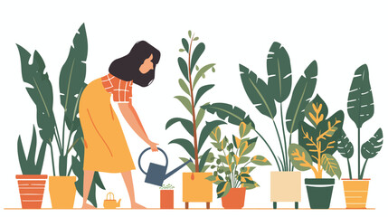 Woman watering potted house plants. Female caring plants