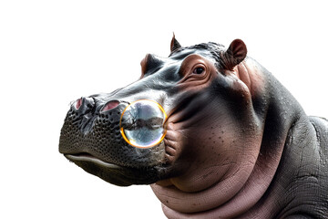 A hippopotamus blowing bubbles, with a silly expression, isolated on transparent background, png file