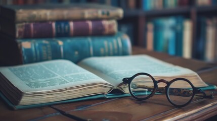 Antique open book and reading glasses on library table with soft focus of bookshelves in the background