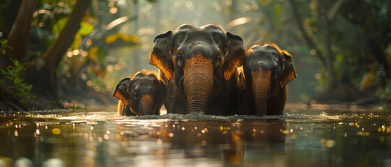Asian elephant family bathing in a river with lush green forest backdrop
