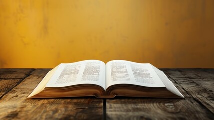 Fototapeta premium Open book on rustic wooden table against a warm yellow background with dramatic sunlight and copy space