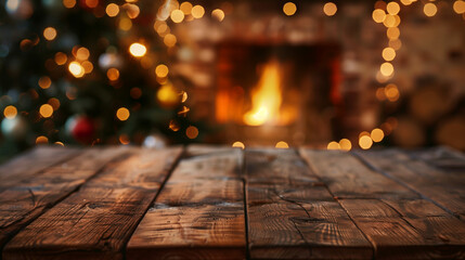 A wooden table is positioned in front of a cozy fireplace adorned with twinkling Christmas lights. 