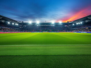 A vibrant soccer stadium under bright floodlights with a lush green field, surrounded by spectators. The sky is painted with stunning sunset hues, creating a dynamic and energetic atmosphere