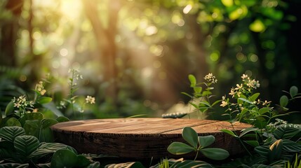 Forest setting blank podium for handmade crafts selective focus realistic silhouette with woodland scene backdrop