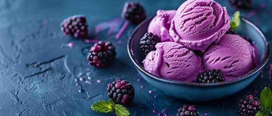 Food banner of blackberry sorbet with pastel violet splashes on a navy blue background, cool and...