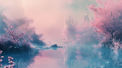 Soft pastel colors washing over the environment, imparting a serene and peaceful vibe.