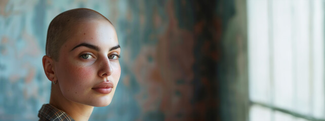 A woman with a shaved head stands in front of a wall. She has a piercing in her nose and is wearing a necklace. a 19 years old woman face to camera, full body shot, bald