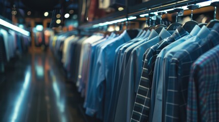Rows of colorful shirts hang on a store rack.