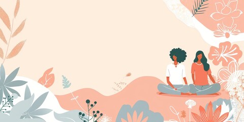 Two women are sitting on a grassy hillside, surrounded by flowers and plants. The scene is peaceful and serene, with the women enjoying the beauty of nature