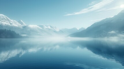 Snowy mountains reflecting in a calm lake under a clear blue sky.