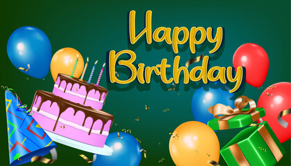 vector illustration happy birthday celebration modern and creative banner design template and birthday card backdrop, birthday cake,party hat,balloons and gift box flying on green background.