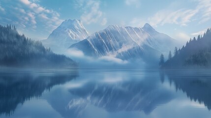 Snowy mountains reflecting in a calm lake under a clear blue sky. - Powered by Adobe
