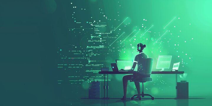 A person sitting at a desk in a dark room coding with green light surrounding them.
