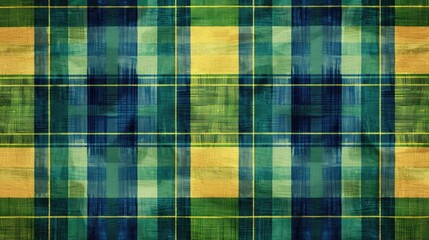 A description of tartan pattern with squares in varying sizes creating an energetic and dynamic feel in shades of blue green and yellow